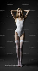 Elegant Blonde Model in White Bodysuit and Stockings