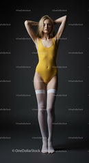 Elegant Blonde Model in Yellow Bodysuit and White Stockings