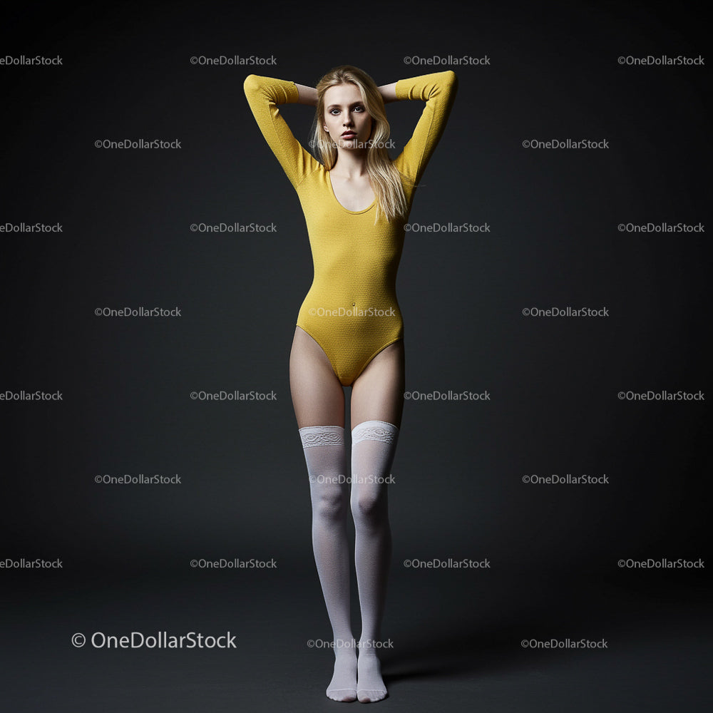 Elegant Blonde in Yellow Bodysuit with Studio Lighting