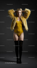 Fashion Model in Yellow Fur Jacket and Black Stockings