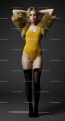 Elegant Model in Yellow Bodysuit and Black Stockings