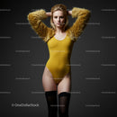 Fashionable Woman in Yellow Leotard with Fur Sleeves