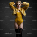 Stylish Blonde in Yellow Fur Jacket and Bodysuit
