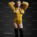 Confident Blonde Woman in Yellow Bodysuit and Furry Jacket