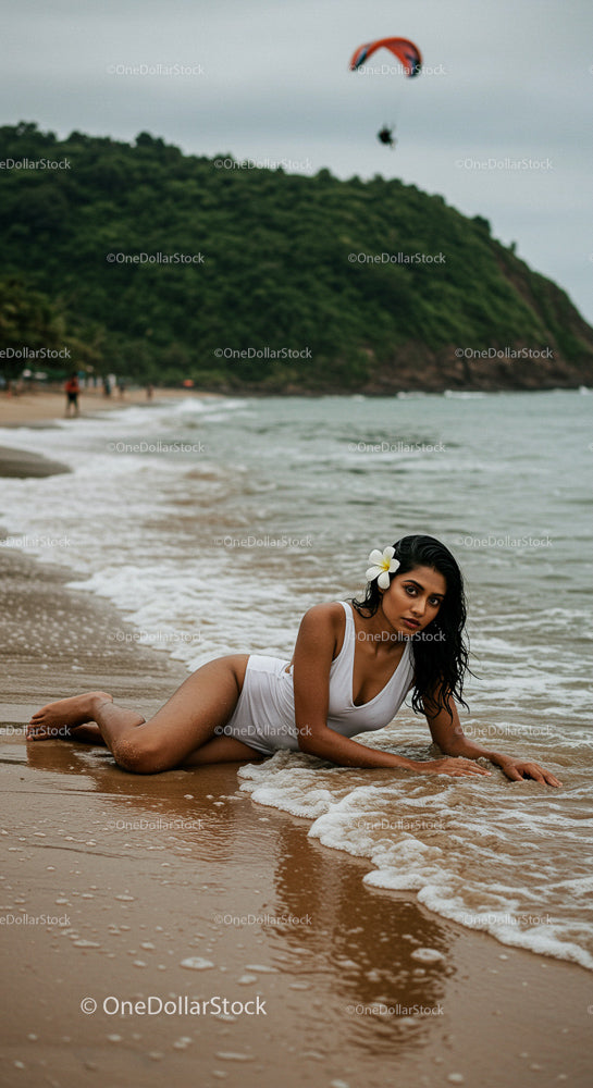 Woman in White Swimsuit Relaxing on Tropical Beach Shore