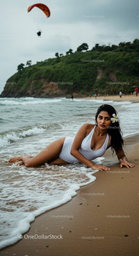 Woman in White Swimsuit Relaxing on Tropical Beach