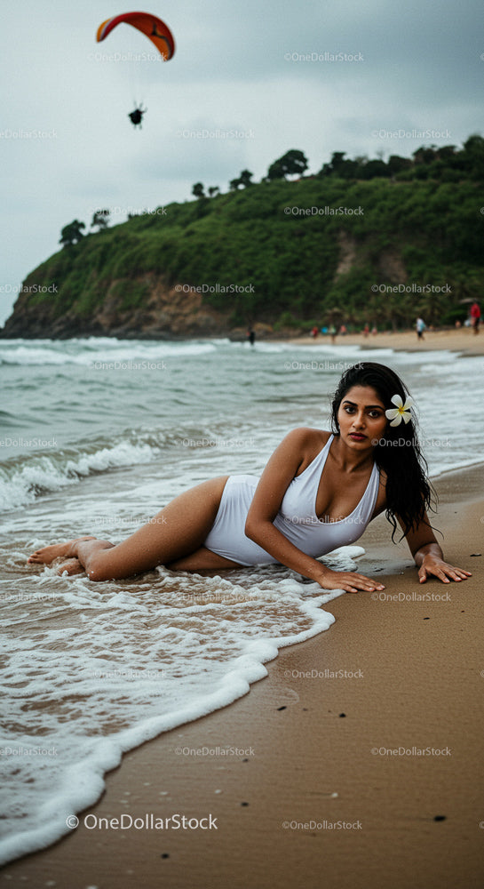 Woman in White Swimsuit Relaxing on Tropical Beach