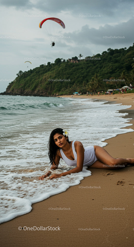 Woman Relaxing on a Tropical Beach with Paraglider Overhead