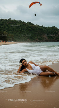 Woman Relaxing on Exotic Beach with Ocean Waves