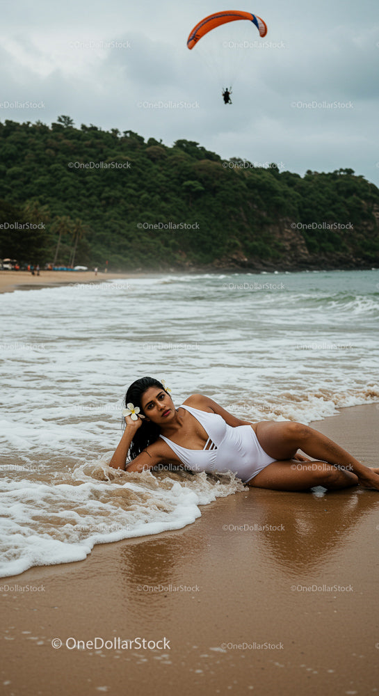 Woman Relaxing on Exotic Beach with Ocean Waves