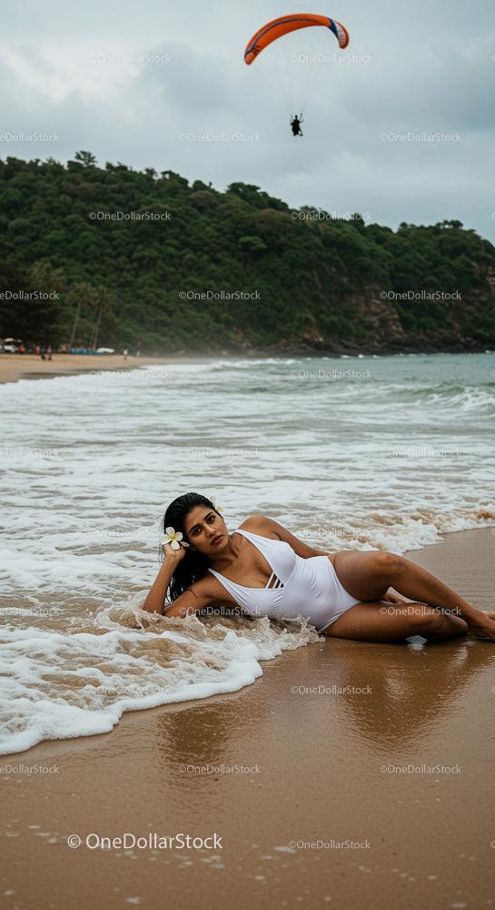 Woman Relaxing on Exotic Beach with Ocean Waves