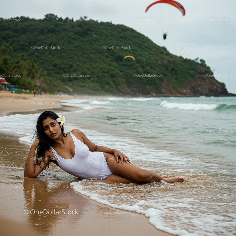 Woman Relaxing on Tropical Beach in White Swimsuit