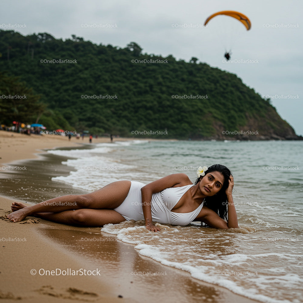 Woman in White Swimsuit Relaxing on a Tropical Beach