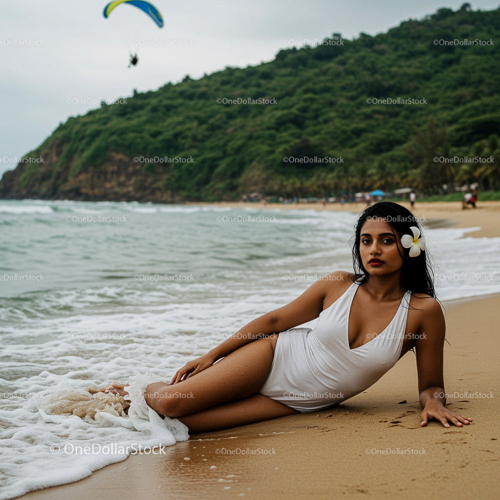 Woman Relaxing on Tropical Beach in White Swimsuit