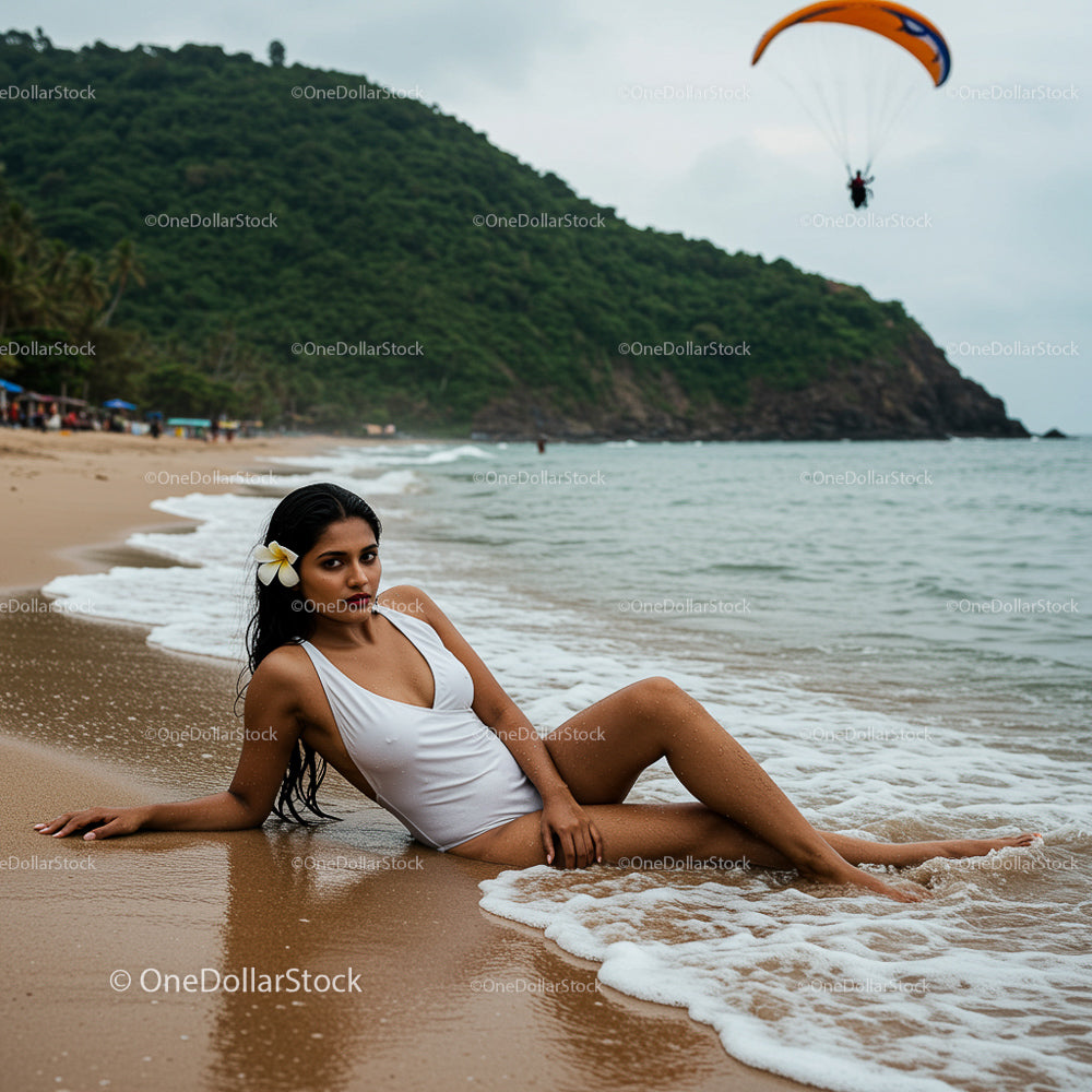 Woman in White Swimsuit Relaxing on Tropical Beach