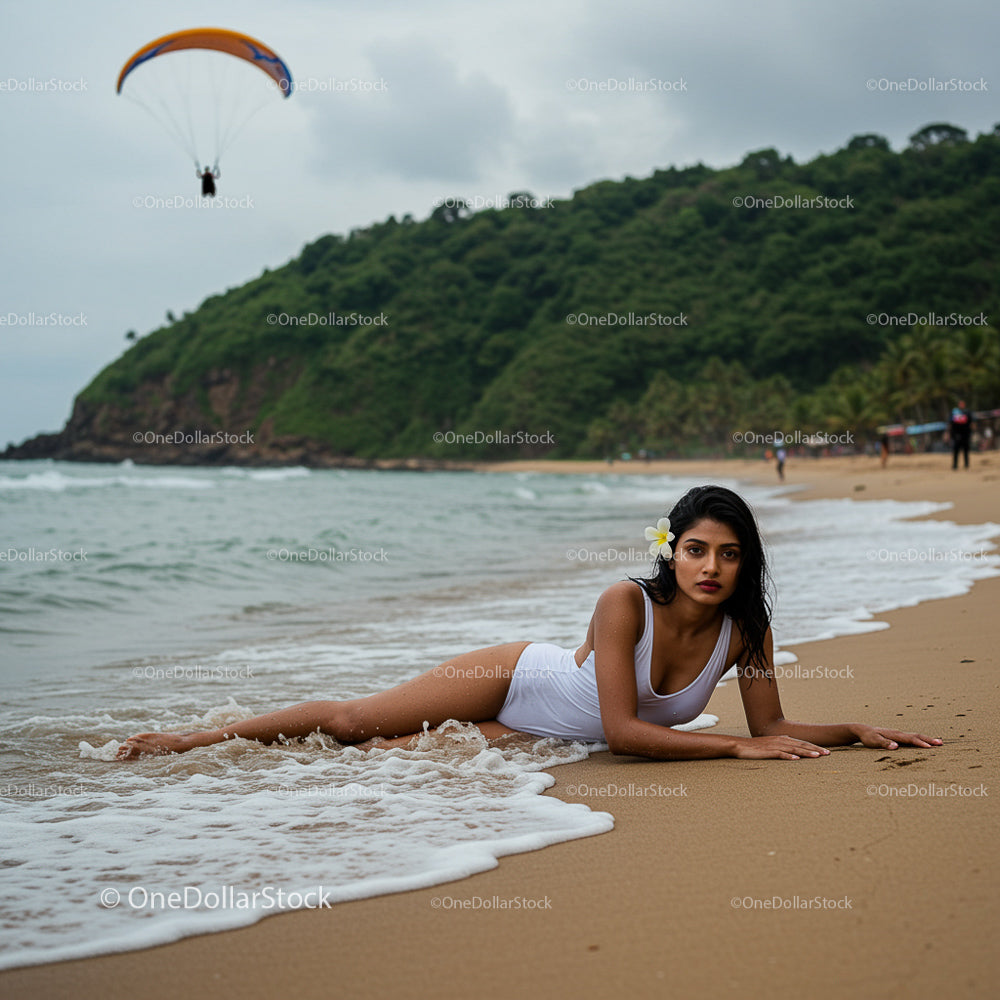 Relaxed Woman in Swimsuit on Tropical Beach with Paraglider