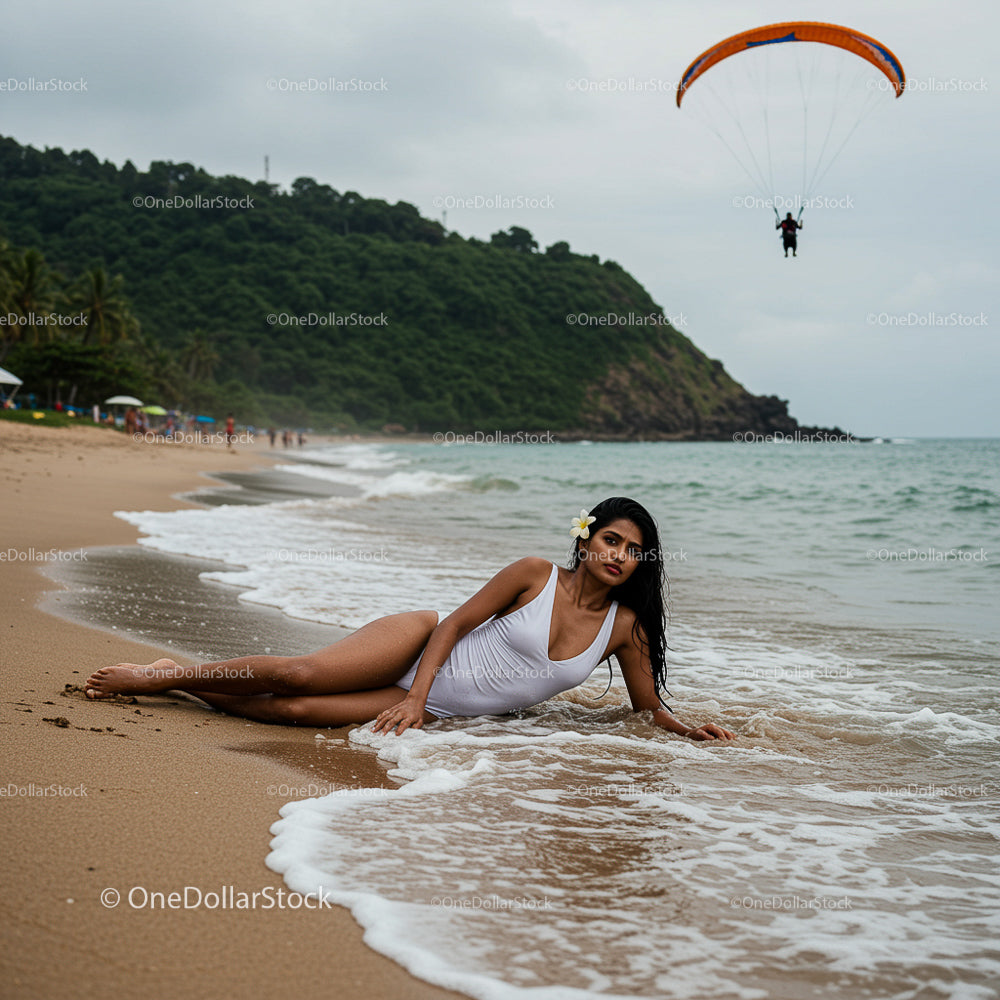 Woman in Swimsuit Relaxing on Tropical Beach with Sea View