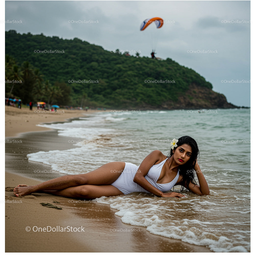 Woman in White Swimsuit Relaxing on Tropical Beach