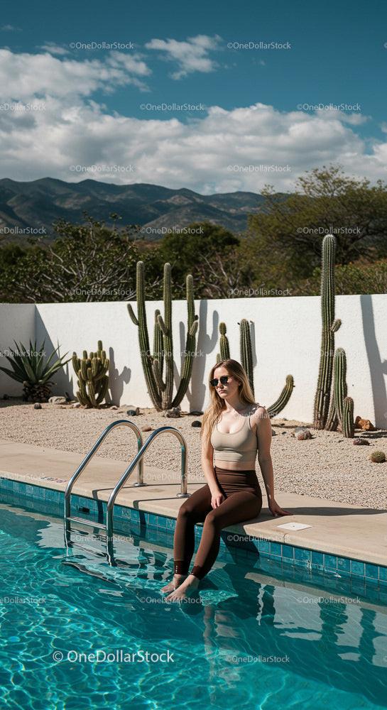 Woman Relaxing by a Desert Pool with Cactus Background
