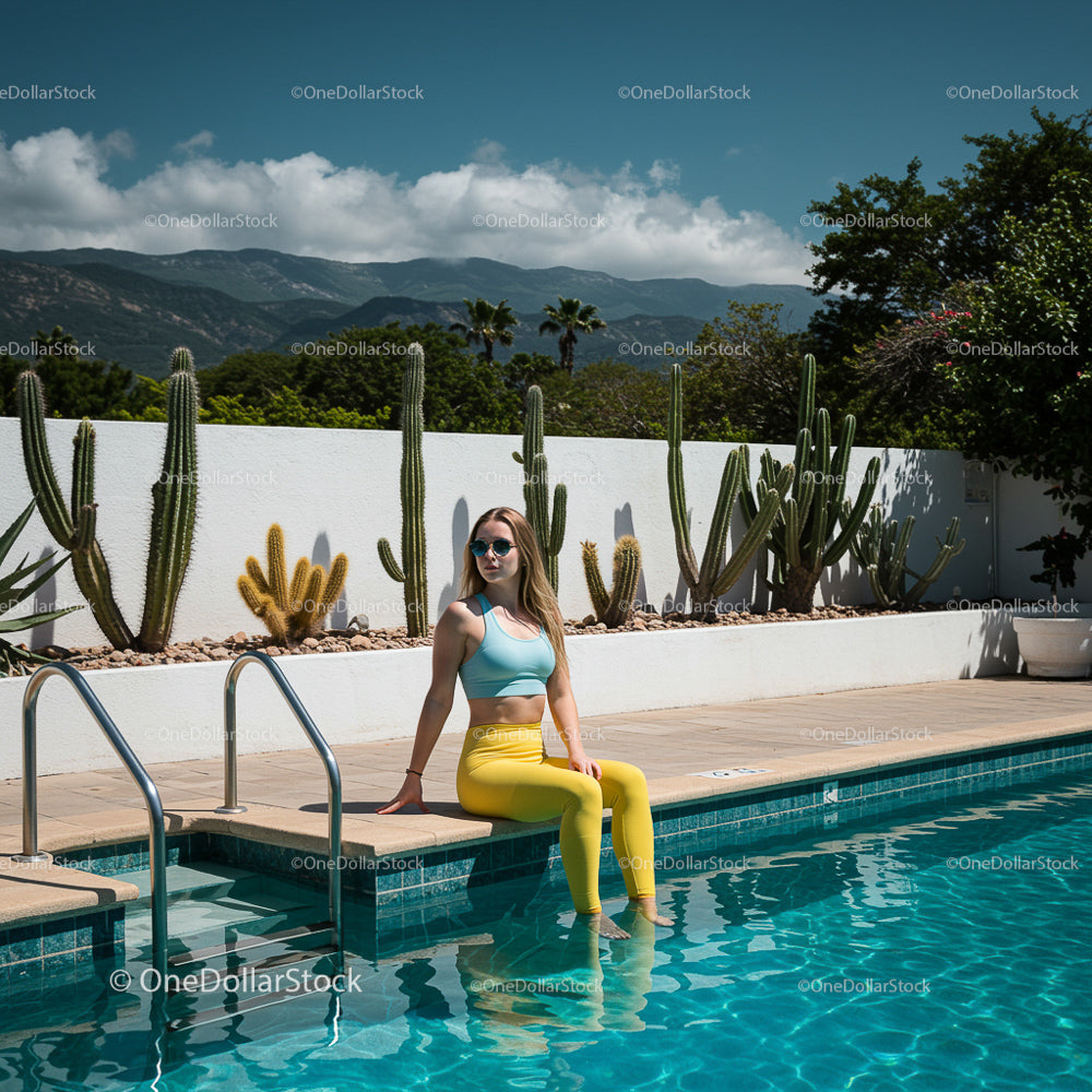 Woman Relaxing by Pool with Cactus Garden and Mountain View