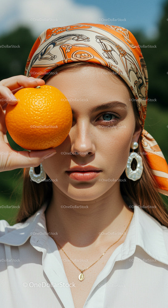 Woman with Orange and Stylish Headscarf in Summer Setting