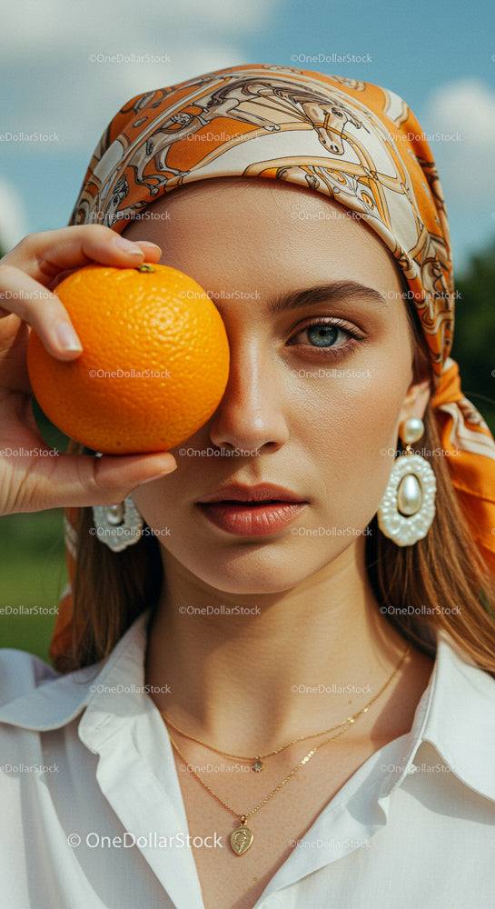 Stylish Woman Posing with Orange in Sunny Garden