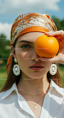 Stylish Woman Holding Orange and Wearing Headscarf