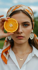 Woman Holding Orange Slice with Stylish Scarf and Jewelry