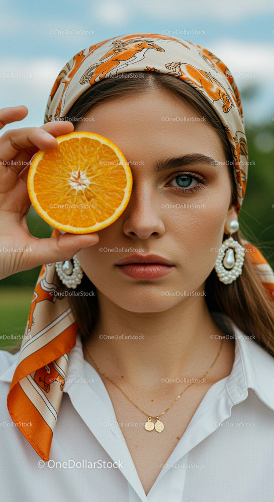 Woman Holding Orange Slice with Stylish Scarf and Jewelry