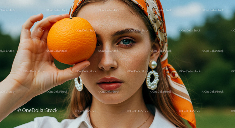 Fashionable Woman Holding Orange in Outdoor Setting