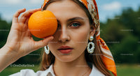 Fashionable Woman Holding Orange in Outdoor Setting