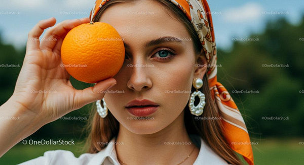 Modna kobieta trzymająca pomarańczę na świeżym powietrzu