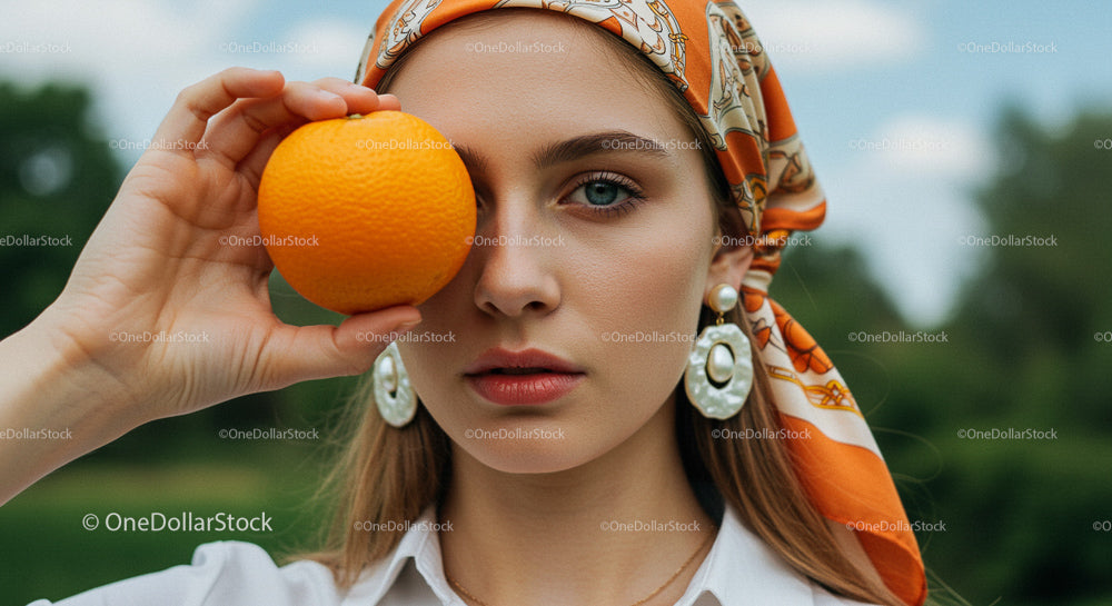 Stylish Woman with Orange in Nature Setting