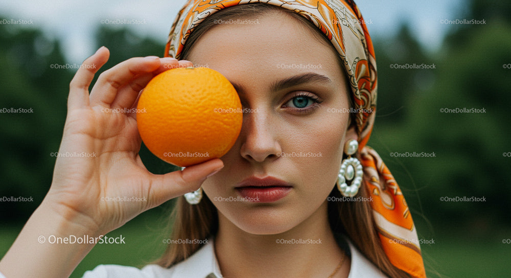Woman Holding Orange in Green Garden Setting