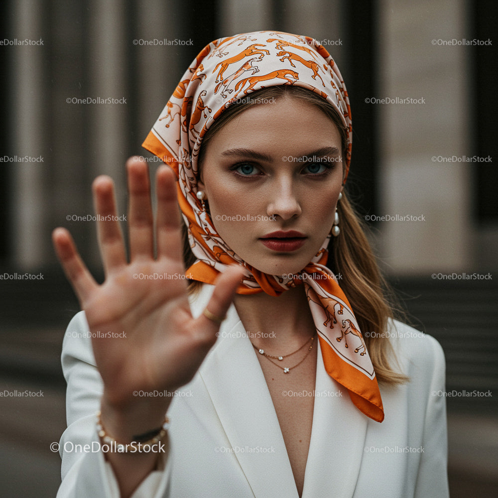 Confident Woman in Elegant Outfit with Orange Headscarf