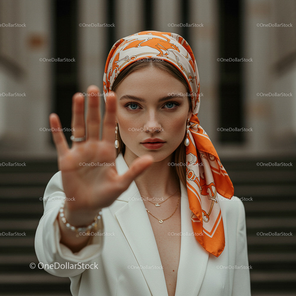 Fashionable Woman in White Blazer with Orange Headscarf