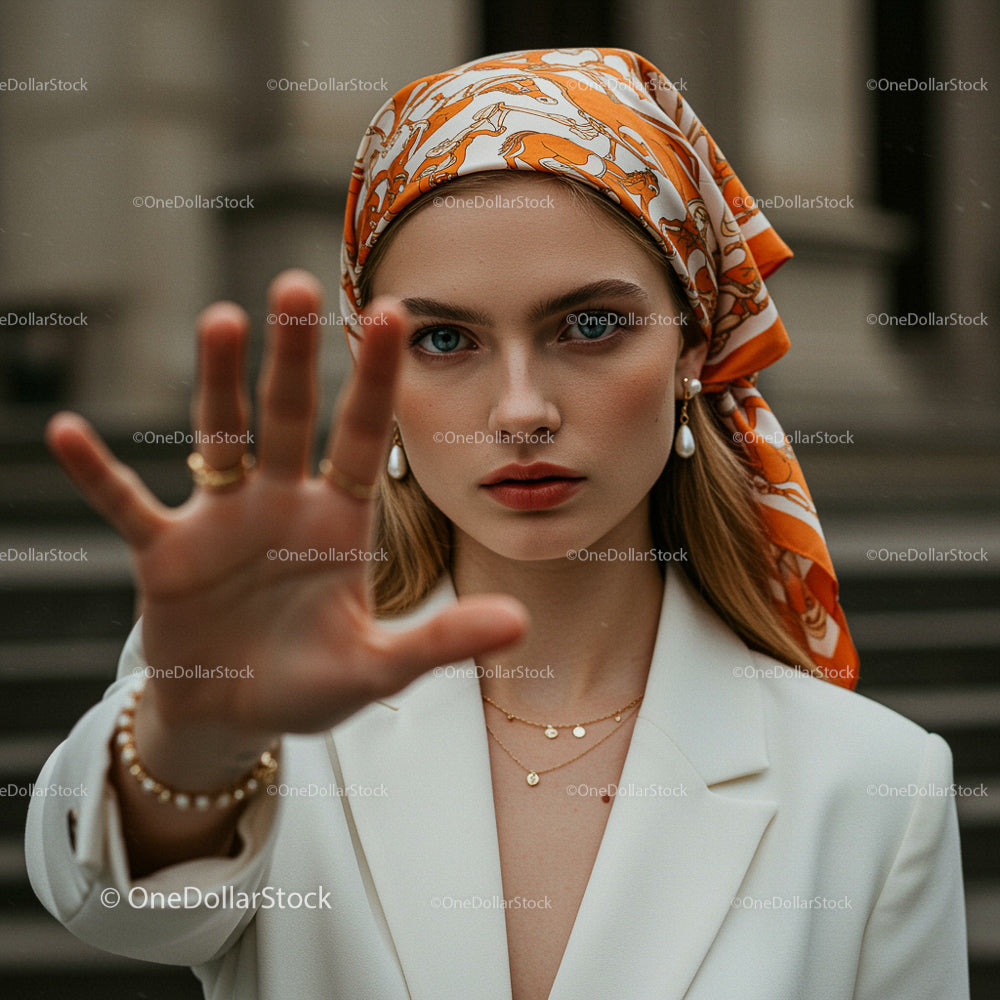 Fashionable Woman in Orange Scarf and White Blazer
