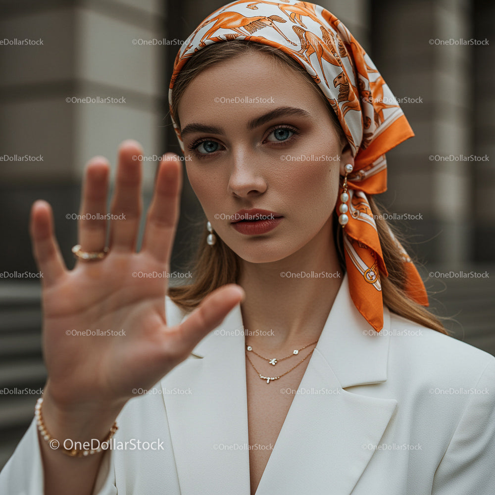 Elegant Woman with Orange Scarf and Jewelry in Urban Setting