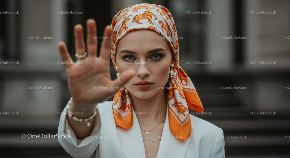 Fashionable Woman with Orange Headscarf in Urban Setting