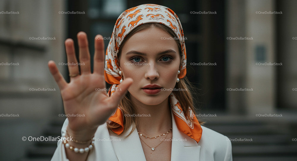 Elegant Woman with Orange Headscarf in Urban Setting