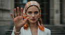 Elegant Woman with Orange Headscarf in Urban Setting