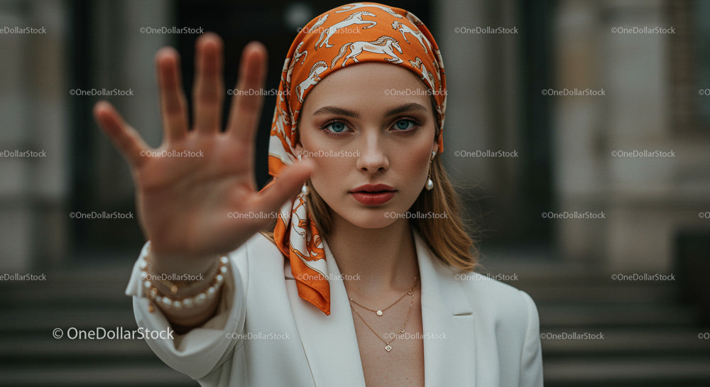 Elegant Woman in Orange Bandana with Urban Backdrop