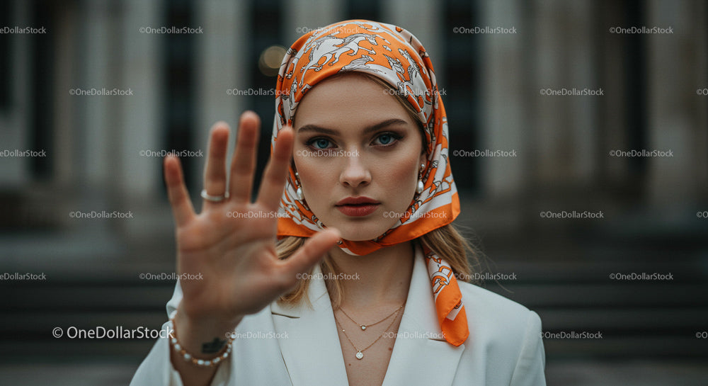 Elegant Woman with Orange Headscarf in Urban Setting