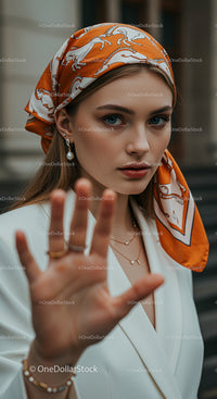 Stylish Woman in White Outfit with Orange Headscarf