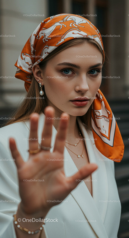 Stylish Woman in White Outfit with Orange Headscarf