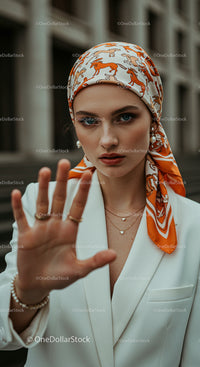 Confident Woman in White Suit with Stylish Headscarf