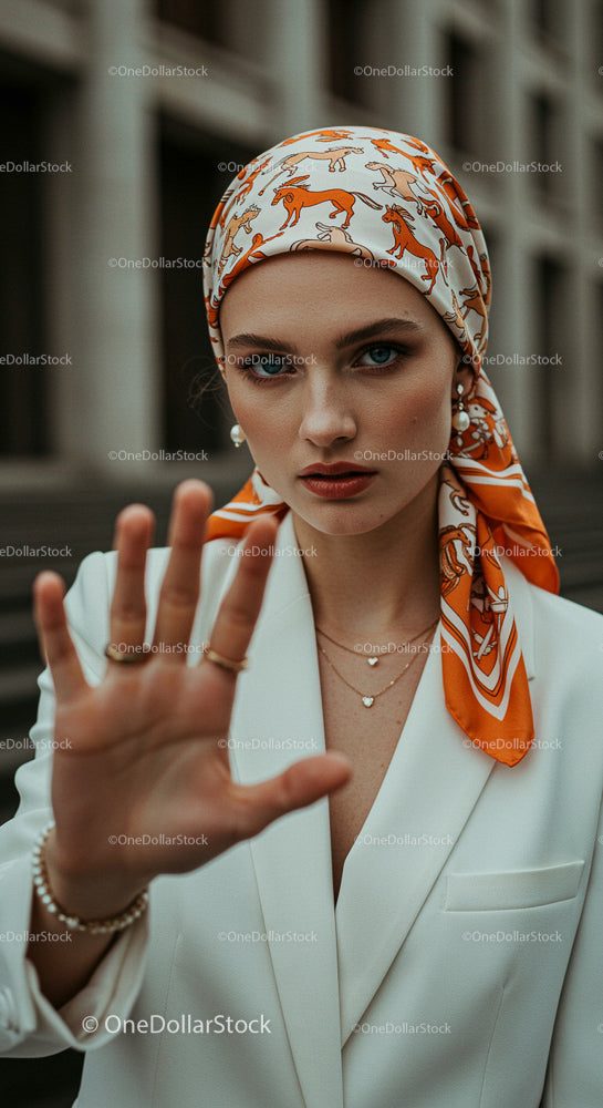 Confident Woman in White Suit with Stylish Headscarf