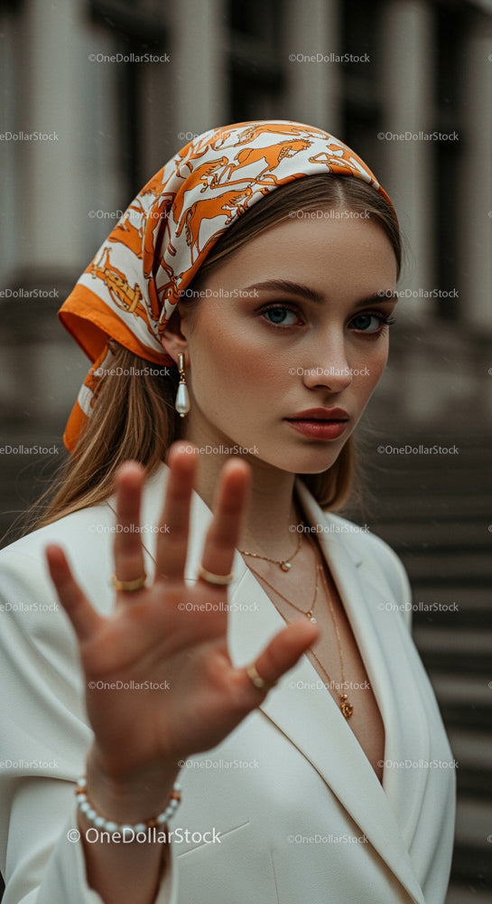 Stylish Woman in White Blazer with Orange Scarf