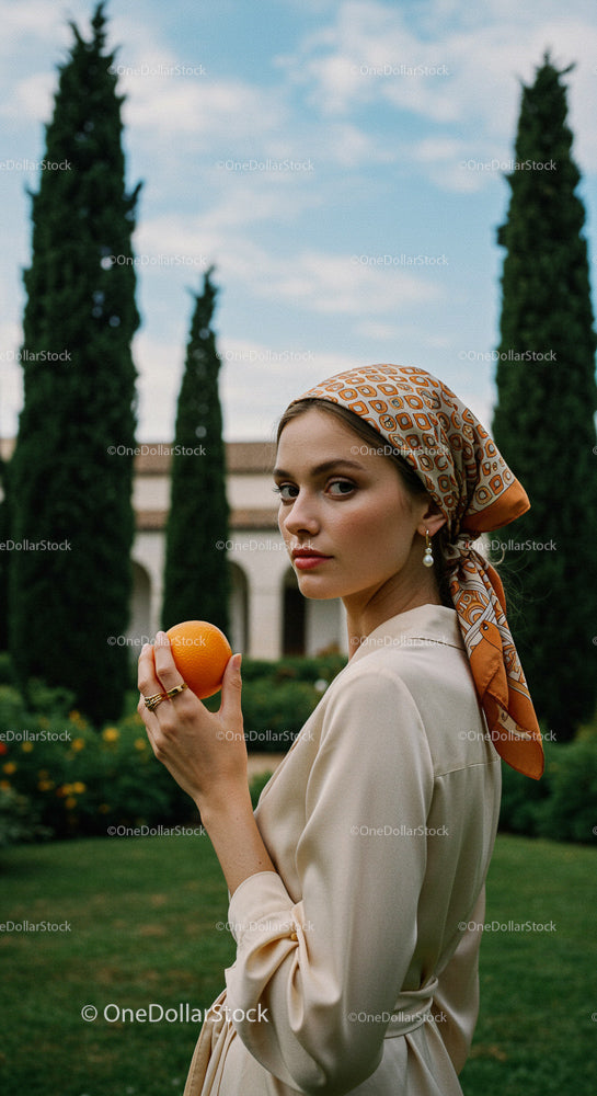 Elegant Woman Holding an Orange in Mediterranean Garden