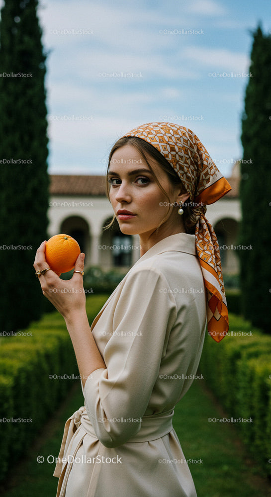 Elegant Woman Holding Orange in Mediterranean Garden
